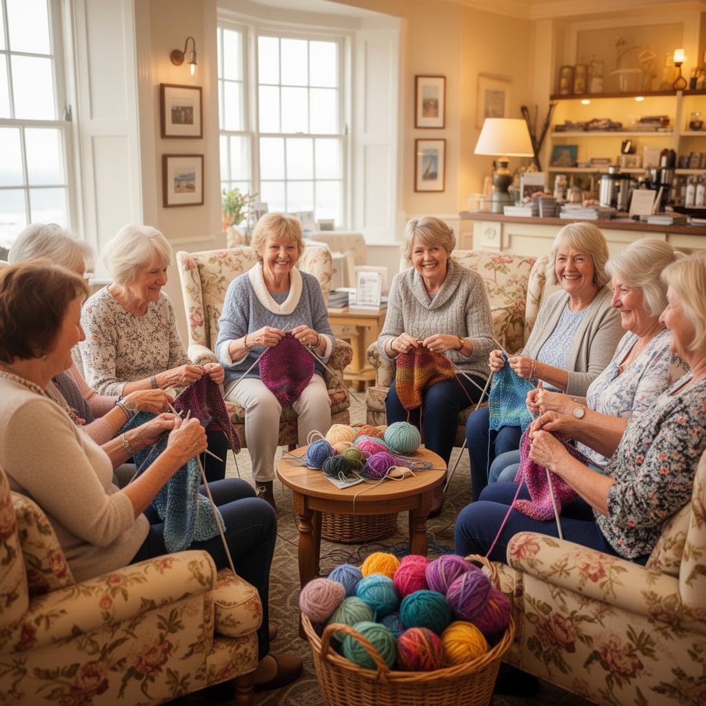 A circle of friendly ladies knitting together in the hotel lounge