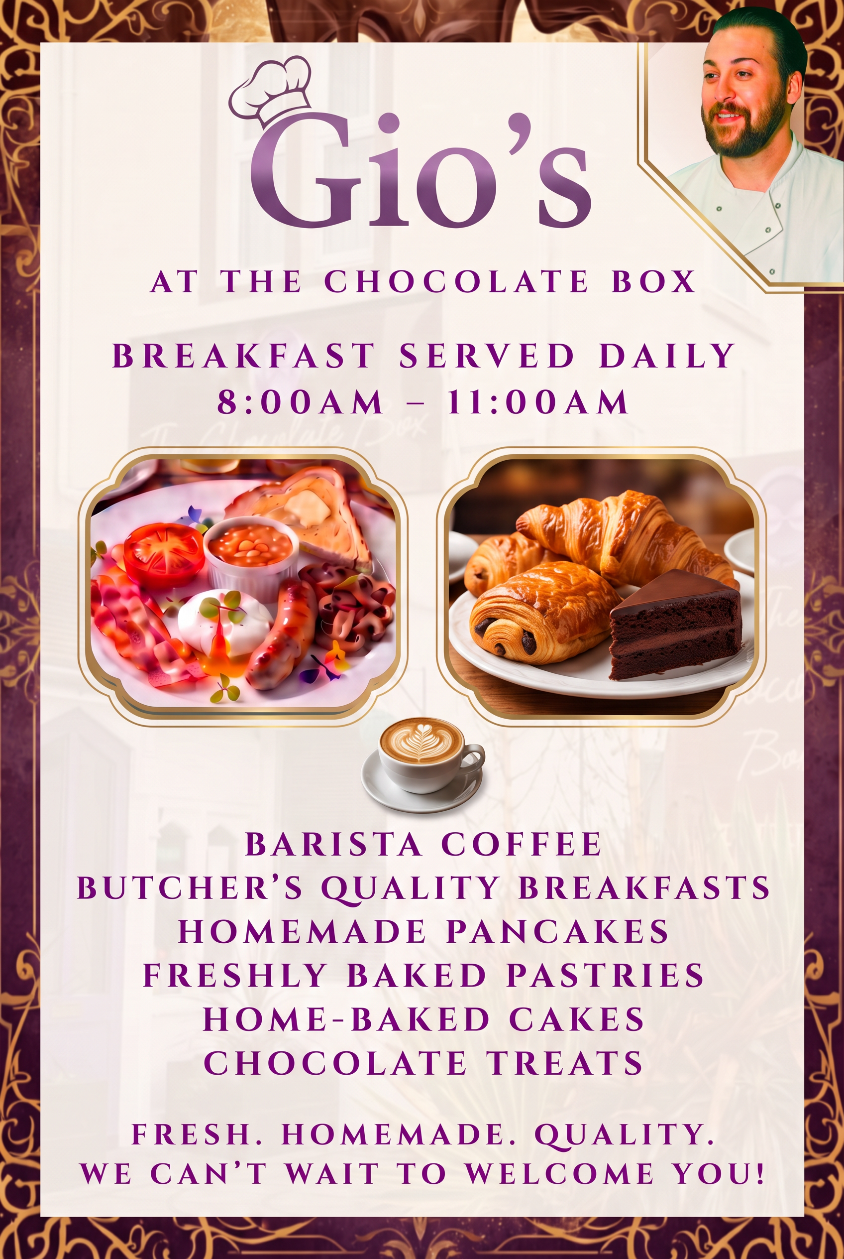 Gio's Café room menu poster at The Chocolate Box Hotel
