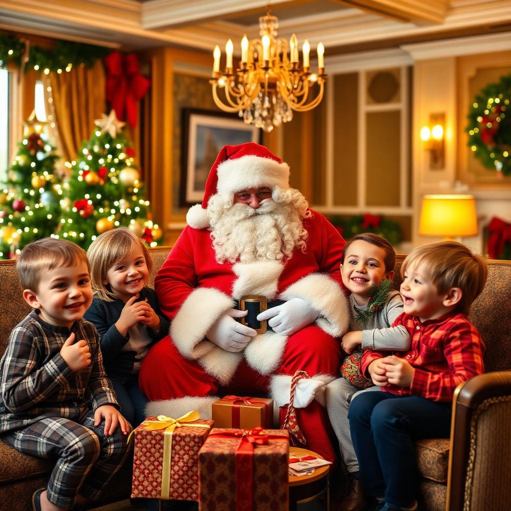 Father Christmas visiting happy children by the festive tree