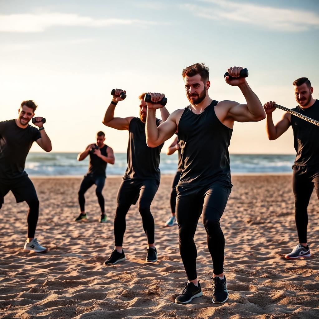High energy beach bootcamp with kettlebells and battle ropes