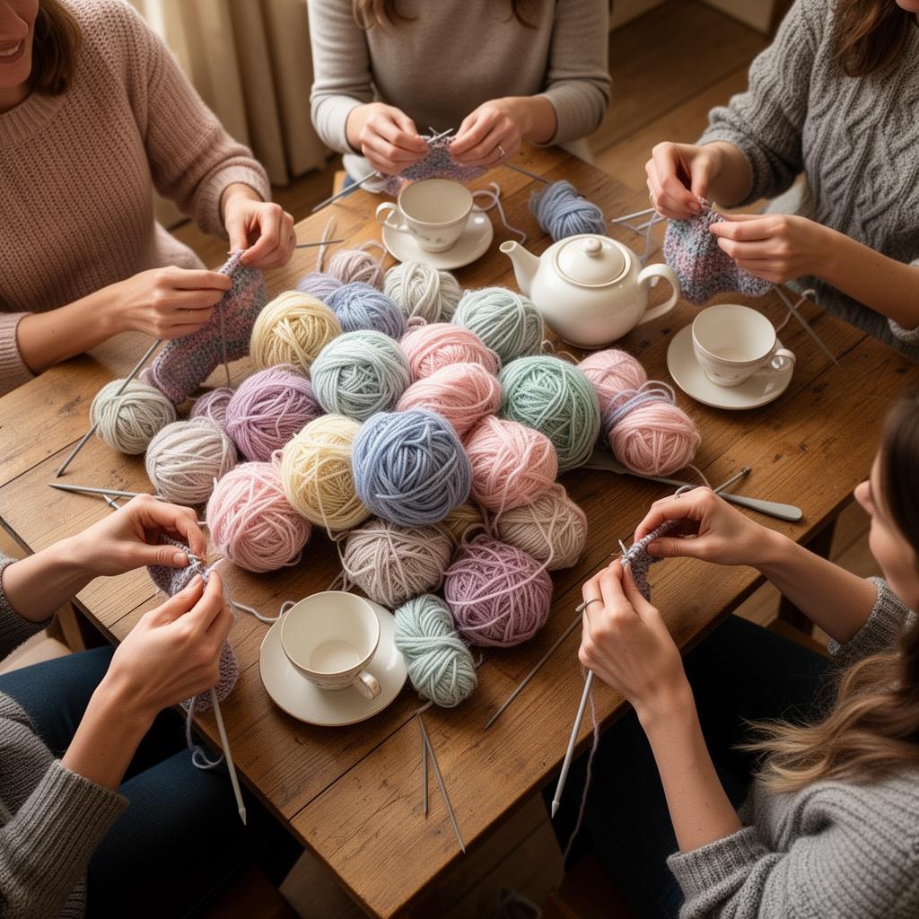 Hands knitting around a table of pastel yarn and tea
