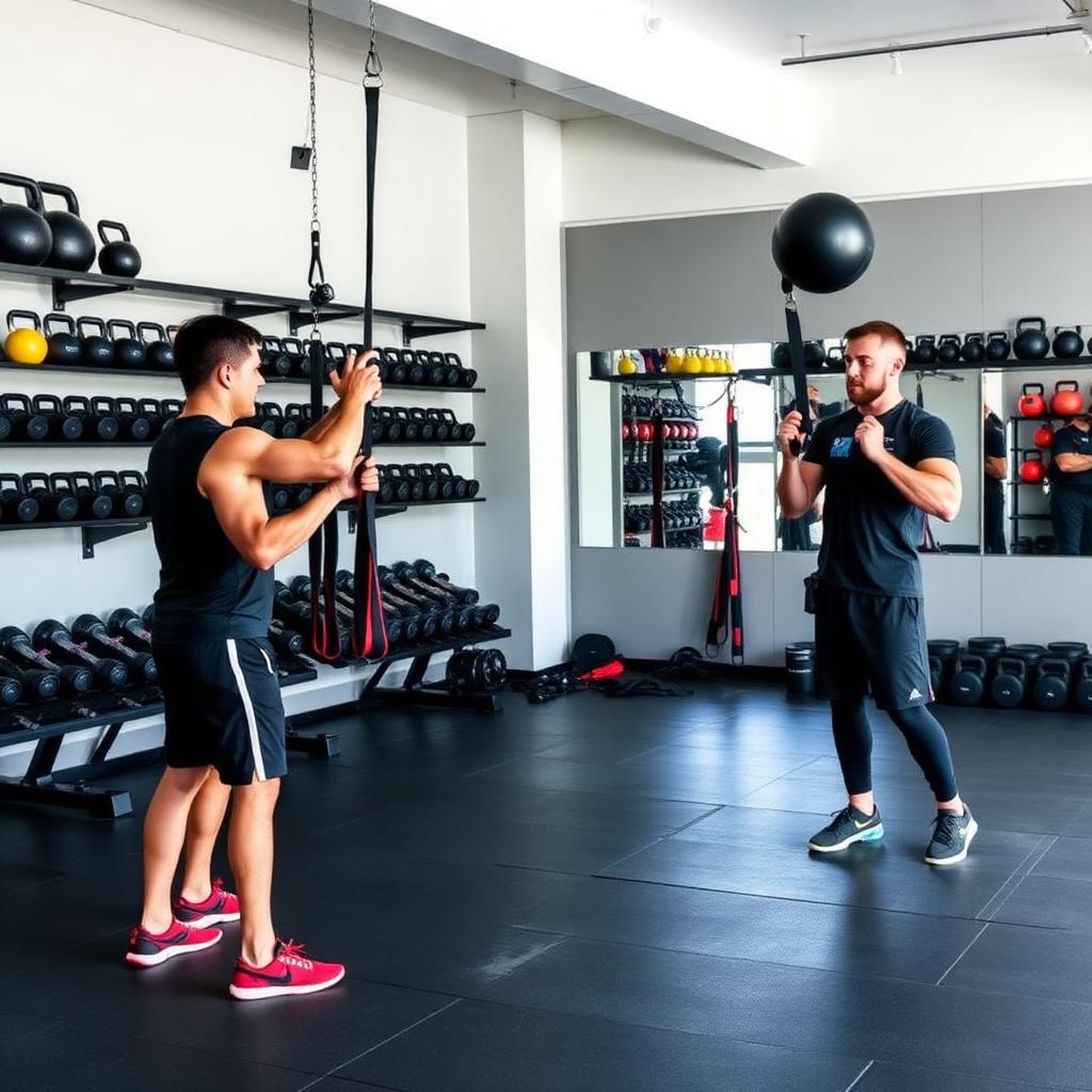 Bootcamp training room with kettlebells, TRX straps and medicine balls