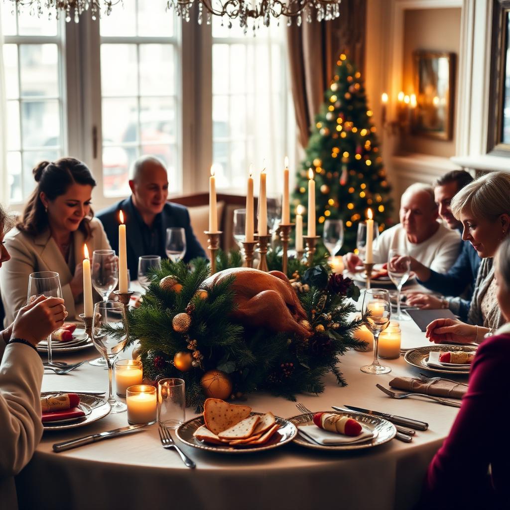 Candlelit Christmas dinner table with turkey and trimmings